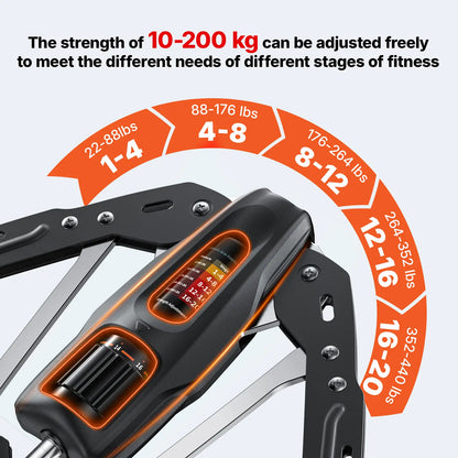 Hydraulic arm strength trainer with counter, resistance adjustable from 22 to 440 pounds.