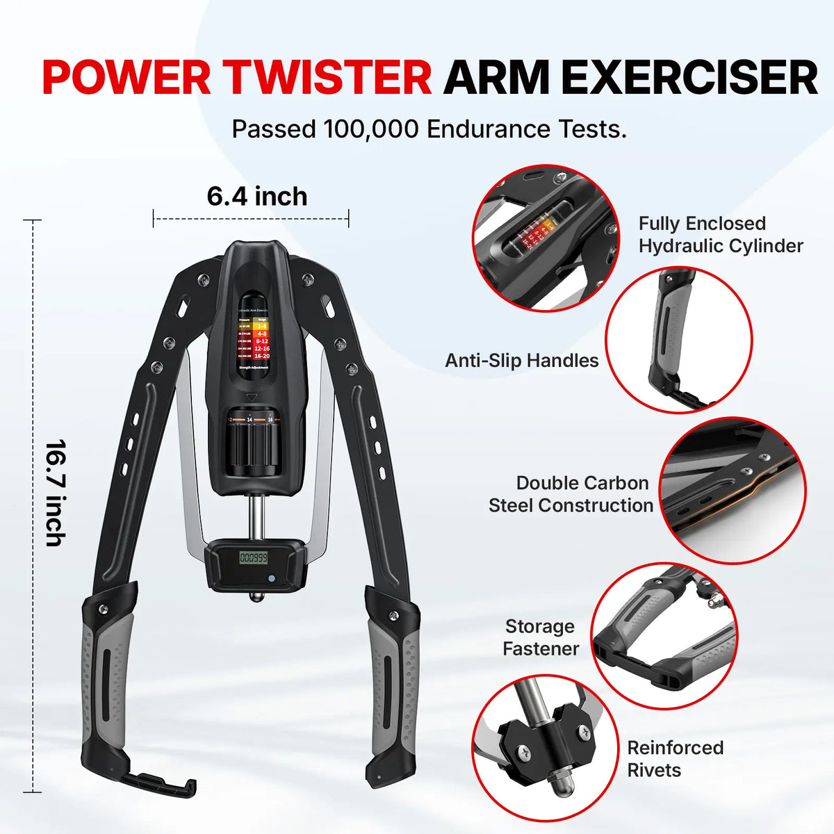Hydraulic arm strength trainer with counter, resistance adjustable from 22 to 440 pounds.