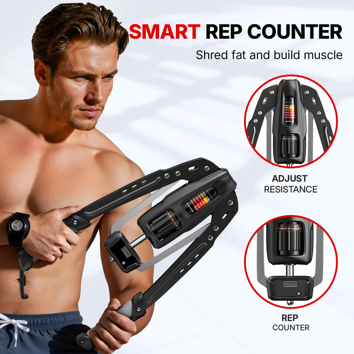 Hydraulic arm strength trainer with counter, resistance adjustable from 22 to 440 pounds.